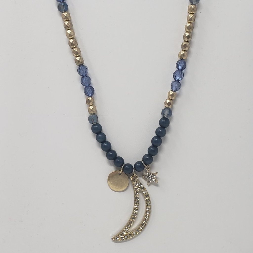 Blue Gold Tone Beaded Necklace Moon Star Charms
